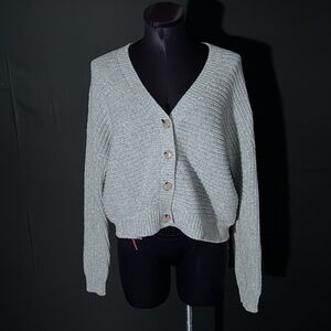 GAP Boxy Horizontal Heather gray V-neck button cardigan knit sweater